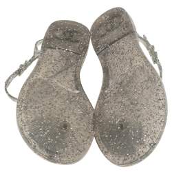 Pre Owned Chanel Grey Glitter Jelly Camellia Flat Sandals Size 39