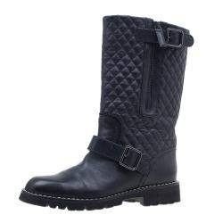 Chanel Black Quilted Leather Double Buckle Flat Boots  Size 37.5 