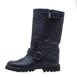 Chanel Black Quilted Leather Double Buckle Flat Boots  Size 37.5 