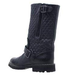 Chanel Black Quilted Leather Double Buckle Flat Boots  Size 37.5 