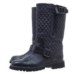 Chanel Black Quilted Leather Double Buckle Flat Boots  Size 37.5 