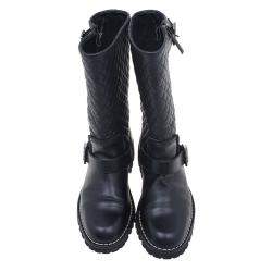 Chanel Black Quilted Leather Double Buckle Flat Boots  Size 37.5 