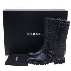 Chanel Black Quilted Leather Double Buckle Flat Boots  Size 37.5 
