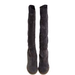 Chanel Grey Suede Chain-Link Wedge Knee Length Boots Size 40.5