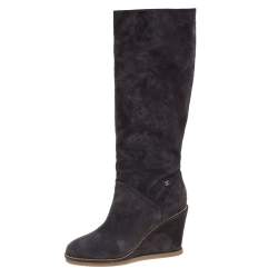 Chanel Grey Suede Chain-Link Wedge Knee Length Boots Size 40.5