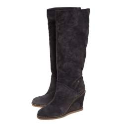 Chanel Grey Suede Chain-Link Wedge Knee Length Boots Size 40.5