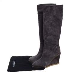 Chanel Grey Suede Chain-Link Wedge Knee Length Boots Size 40.5