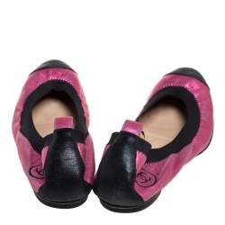 Pre Owned Chanel Pink/Black Leather CC Scrunch Ballet Flats Size 38.5