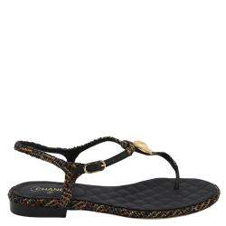 Pre Owned Chanel Black Tweed T Strap Thong Sandals Size EU 38.5