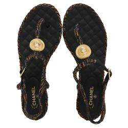 Pre Owned Chanel Black Tweed T Strap Thong Sandals Size EU 38.5