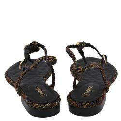 Pre Owned Chanel Black Tweed T Strap Thong Sandals Size EU 38.5