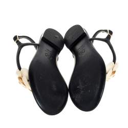 Pre Owned Chanel Black Leather And Cream Camellia CC Thong Sandals Size 36.5
