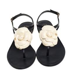 Pre Owned Chanel Black Leather And Cream Camellia CC Thong Sandals Size 36.5