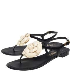 Pre Owned Chanel Black Leather And Cream Camellia CC Thong Sandals Size 36.5
