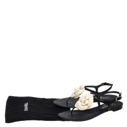 Pre Owned Chanel Black Leather And Cream Camellia CC Thong Sandals Size 36.5