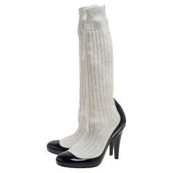Chanel Black/Off White Patent Leather And Sock Knee Boots Size 36