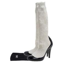 Chanel Black/Off White Patent Leather And Sock Knee Boots Size 36