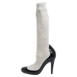 Chanel Black/Off White Patent Leather And Sock Knee Boots Size 36
