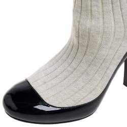 Chanel Black/Off White Patent Leather And Sock Knee Boots Size 36