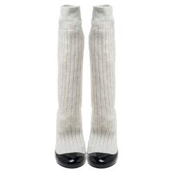 Chanel Black/Off White Patent Leather And Sock Knee Boots Size 36