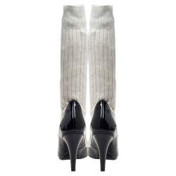 Chanel Black/Off White Patent Leather And Sock Knee Boots Size 36