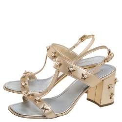 Chanel Gold Leather Star And Pearl Embellished T Strap Sandals Size 39.5