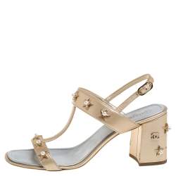 Chanel Gold Leather Star And Pearl Embellished T Strap Sandals Size 39.5