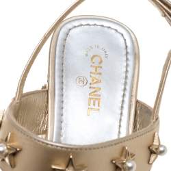 Chanel Gold Leather Star And Pearl Embellished T Strap Sandals Size 39.5