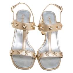 Chanel Gold Leather Star And Pearl Embellished T Strap Sandals Size 39.5