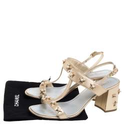 Chanel Gold Leather Star And Pearl Embellished T Strap Sandals Size 39.5