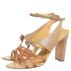 Pre Owned Chanel Two Tone Camellia Leather T-Strap Sandals Size 42