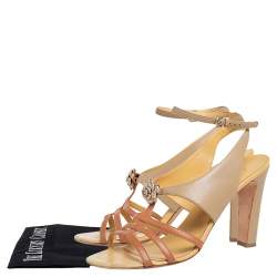 Pre Owned Chanel Two Tone Camellia Leather T-Strap Sandals Size 42