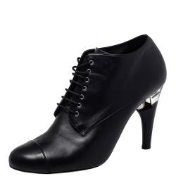  Chanel Black Leather Lucite Pearl Heel Lace Up Ankle Boots Size 42