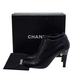  Chanel Black Leather Lucite Pearl Heel Lace Up Ankle Boots Size 42