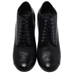  Chanel Black Leather Lucite Pearl Heel Lace Up Ankle Boots Size 42