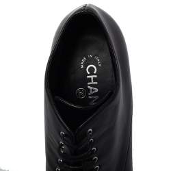  Chanel Black Leather Lucite Pearl Heel Lace Up Ankle Boots Size 42