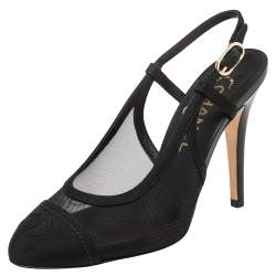 مملوكة مسبقًا Chanel Black Mesh And Fabric CC Cap Toe Slingback Sandals Size 36