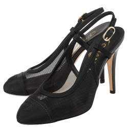 مملوكة مسبقًا Chanel Black Mesh And Fabric CC Cap Toe Slingback Sandals Size 36