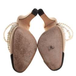 Chanel Beige/Black Leather Pearl Embellished Mules Size 37