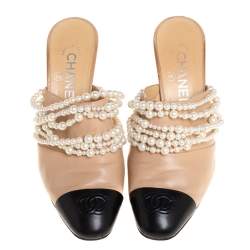 Chanel Beige/Black Leather Pearl Embellished Mules Size 37
