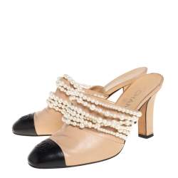 Chanel Beige/Black Leather Pearl Embellished Mules Size 37