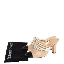Chanel Beige/Black Leather Pearl Embellished Mules Size 37