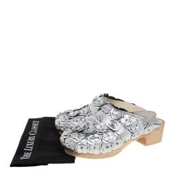 Pre Owned Chanel Metallic Silver Camellia Embellished CC Lock Wooden Clogs Size 39.5