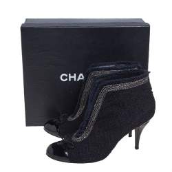 Chanel Black Tweed And Patent Leather CC Cap Toe Ankle Booties Size 41