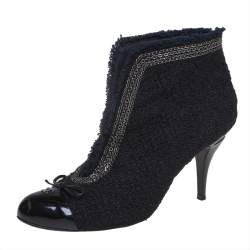 Chanel Black Tweed And Patent Leather CC Cap Toe Ankle Booties Size 41