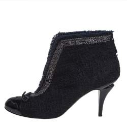 Chanel Black Tweed And Patent Leather CC Cap Toe Ankle Booties Size 41