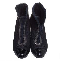Chanel Black Tweed And Patent Leather CC Cap Toe Ankle Booties Size 41