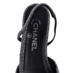 Pre Owned Chanel Black/Grey Tweed And Fabric Cap Toe Slingback Flats Size 37.5