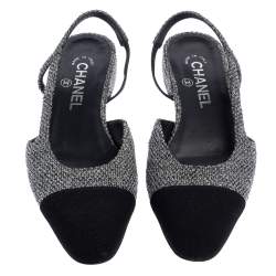 Pre Owned Chanel Black/Grey Tweed And Fabric Cap Toe Slingback Flats Size 37.5