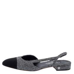 Chanel Black/Grey Tweed And Fabric Cap Toe Slingback Flats Size 37.5 Chanel